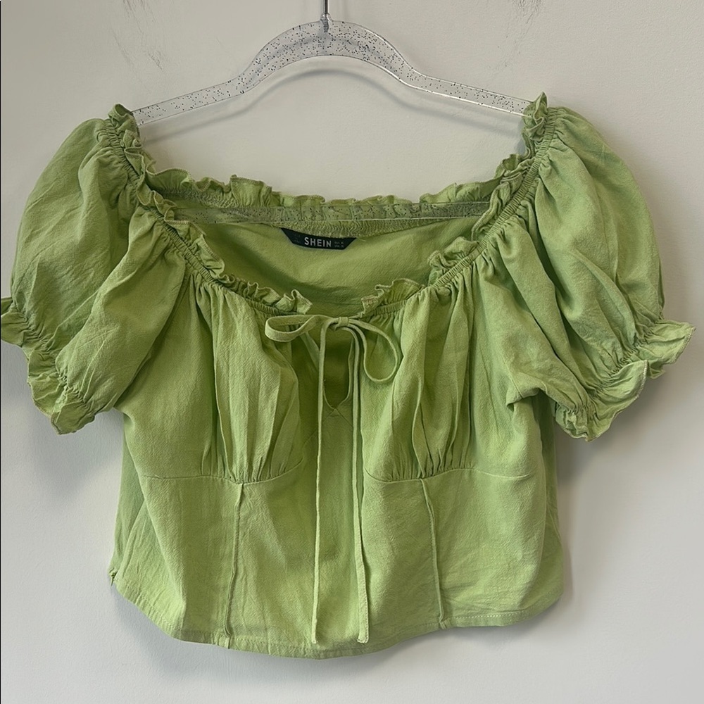 SHEIN Sz XL Off Shoulder Puff Sleeve Ruched Bust Crop Top • NEW! - Picture 2 of 12